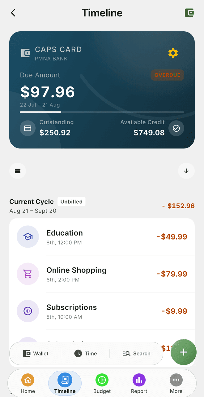 Caps credit card screen showing the amount due, the outstanding balance and available credit